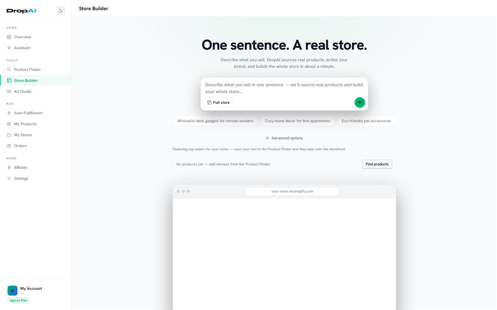 The Store Builder: one sentence in, a full store out.