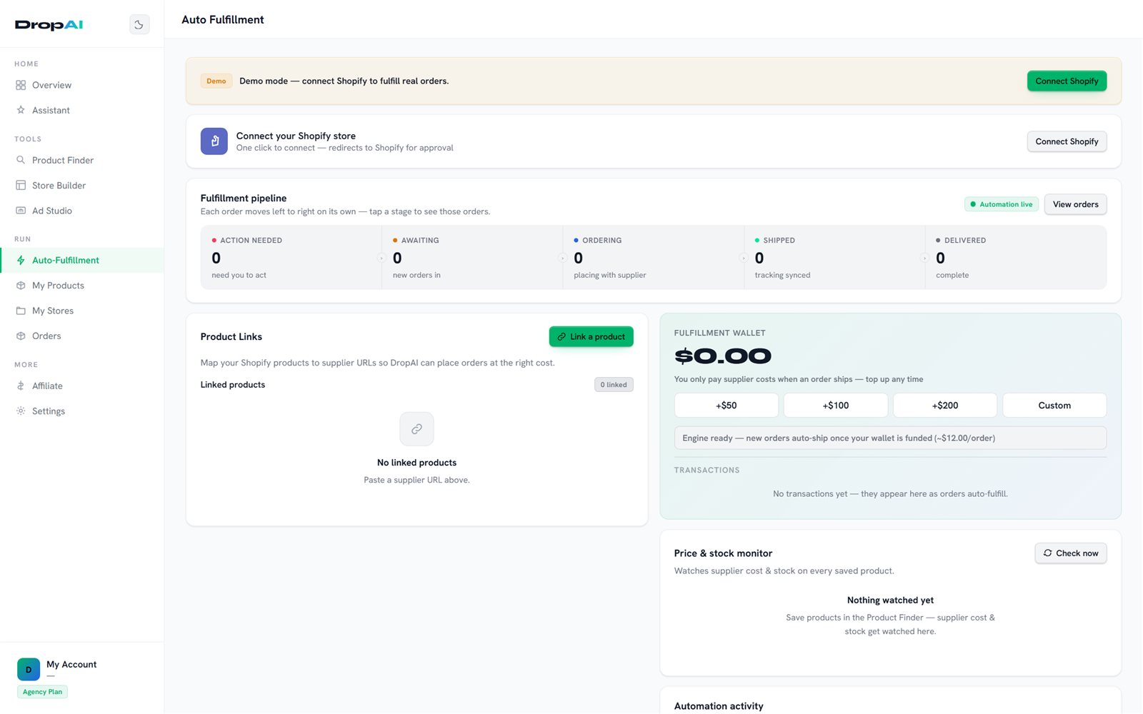 The Auto-Fulfillment pipeline: orders moving from received to delivered.