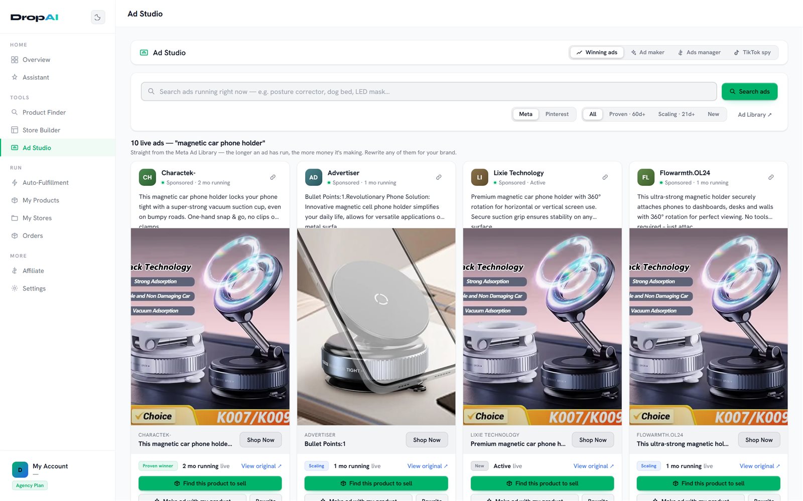 The Ad Studio: live ads from Meta's Ad Library, ready to rewrite.